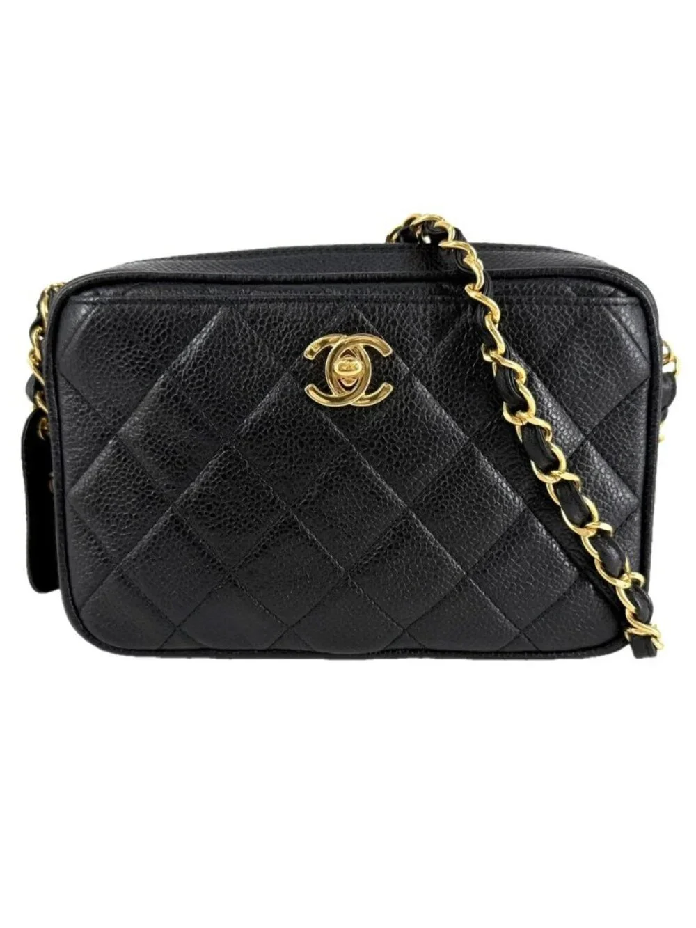 Chanel Shoulder Bag Quilted CC Logo Chain Crossbody Caviar Leather Black Gold